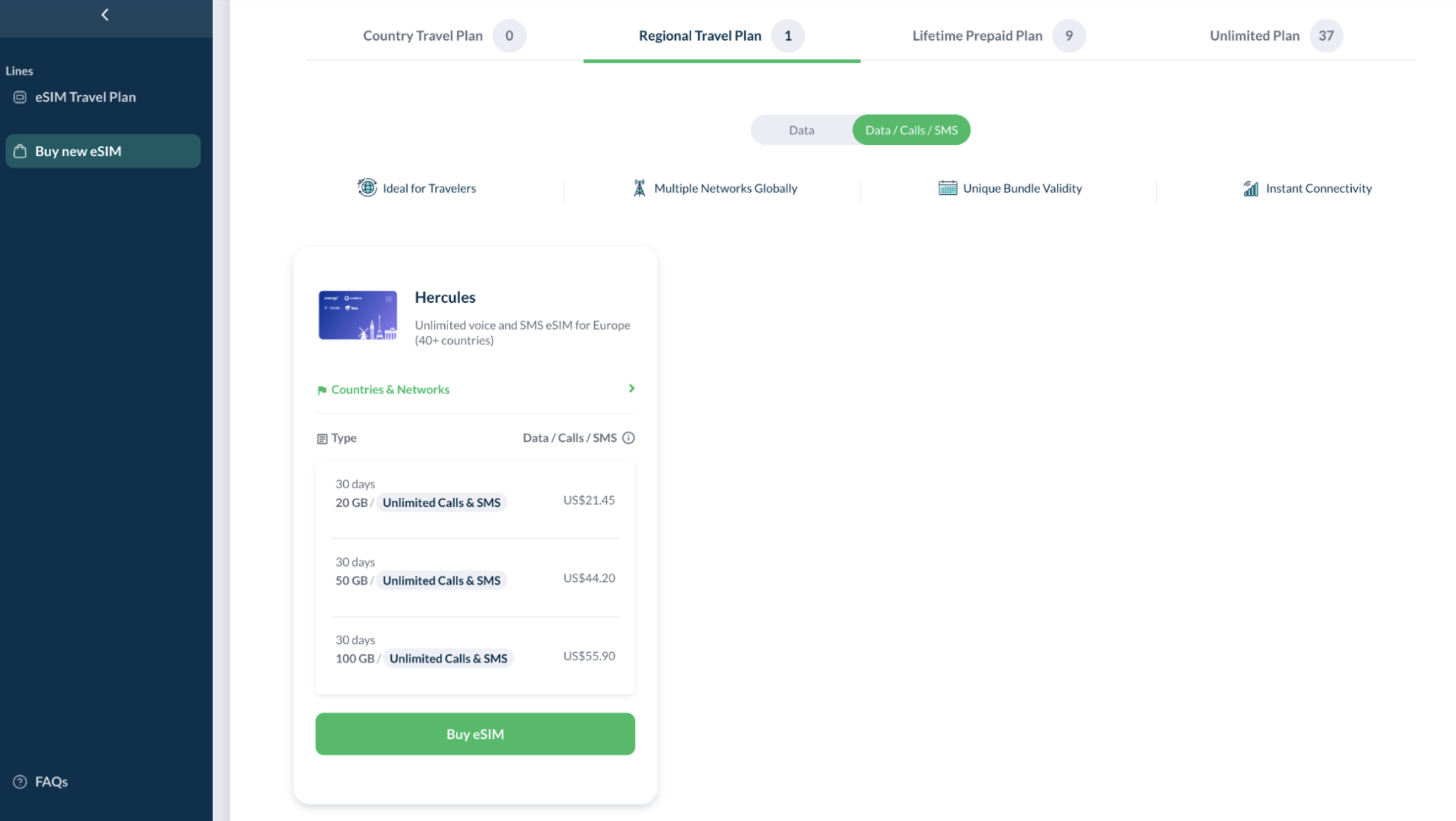 Hercules voice text eSIM in white-label partner account