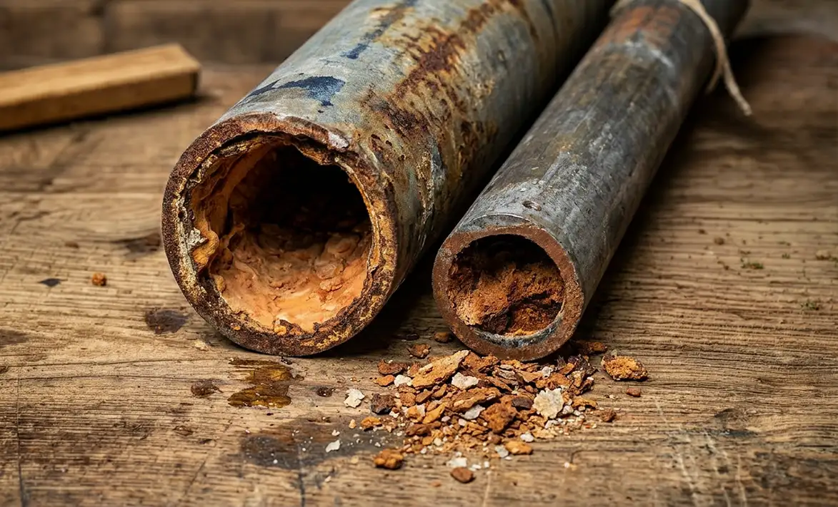 Gamle slidte vandrør fyldt med kalk og rust
