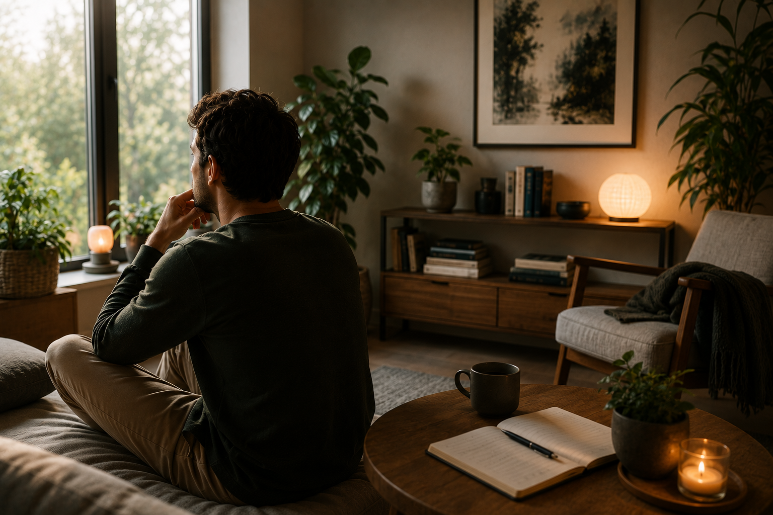 golden hour light in a dining room filtered by a plant