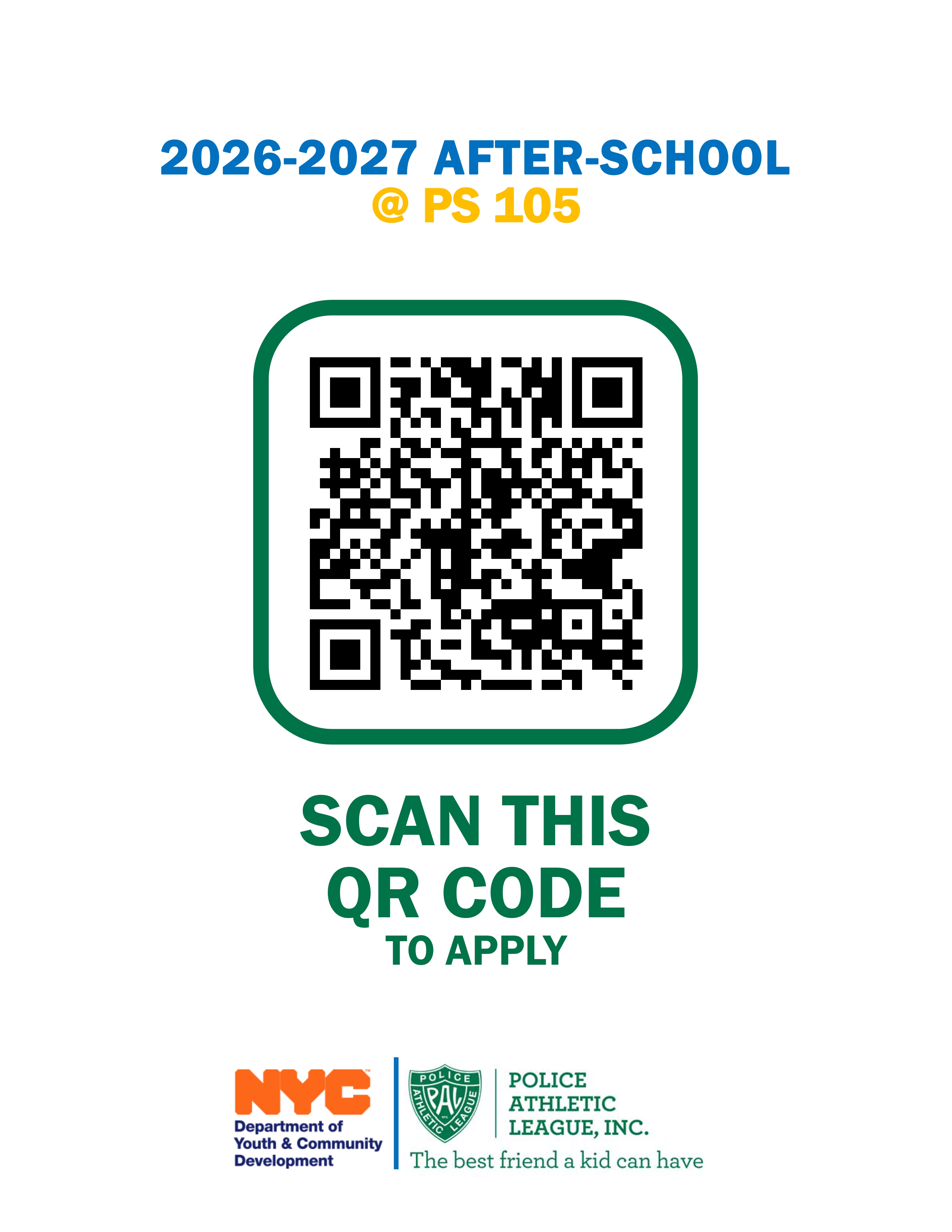 QR code to apply for 2026-2027 after-school program at PS 105