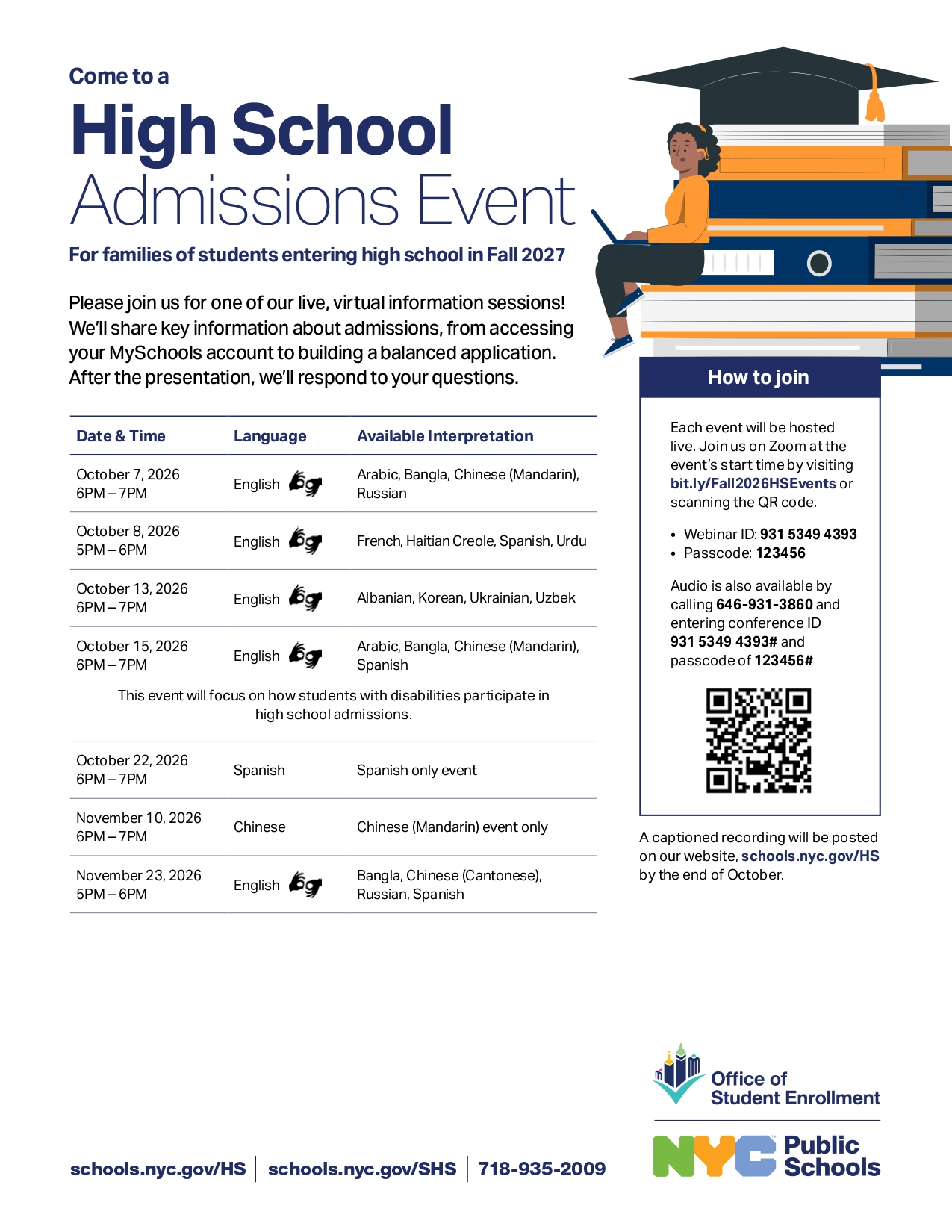 NYC Public Schools High School Admissions Event flyer for Fall 2027 families