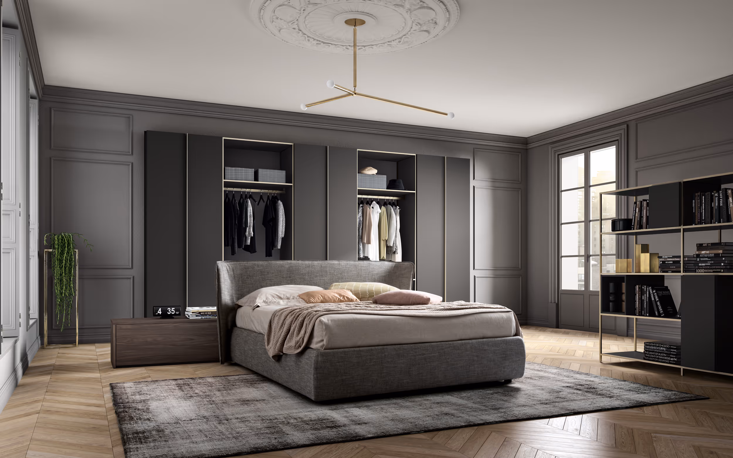 Chambre à coucher design avec des dressings gris moderne
