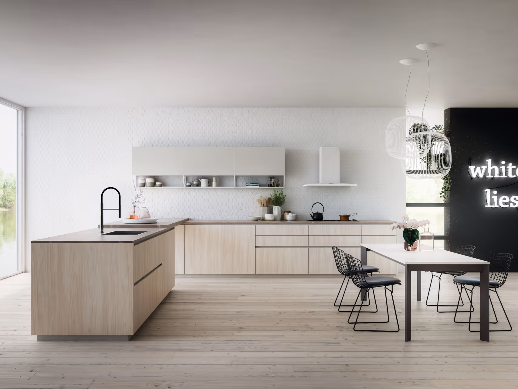 Salle à manger attenante à la cuisine dans des tons clairs avec une belle luminosité