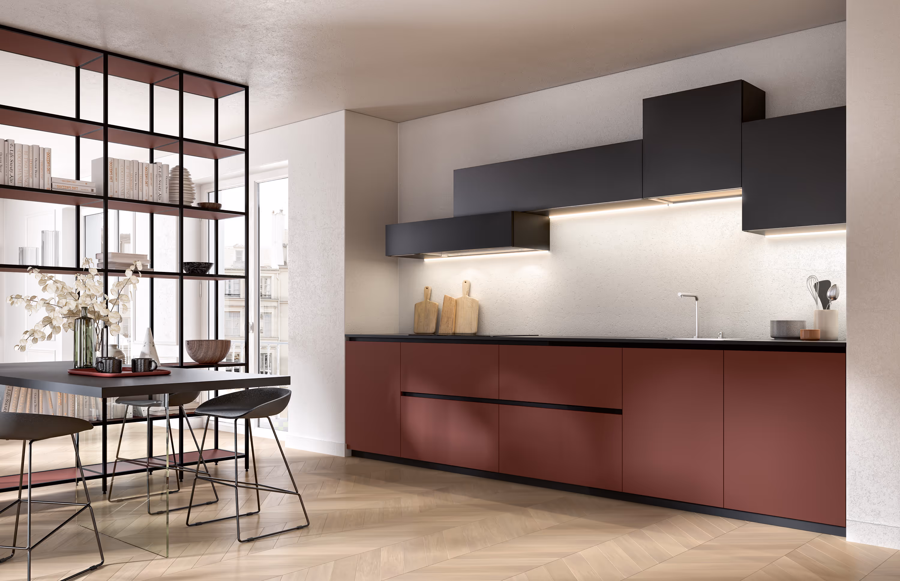 Aménagement d'une cuisine en rouge vin et gris plomb ouverte sur le séjour