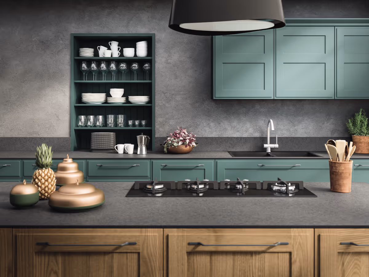 Cuisine rustique dans un mélange de vert pétrole et de bois de chêne tabaco