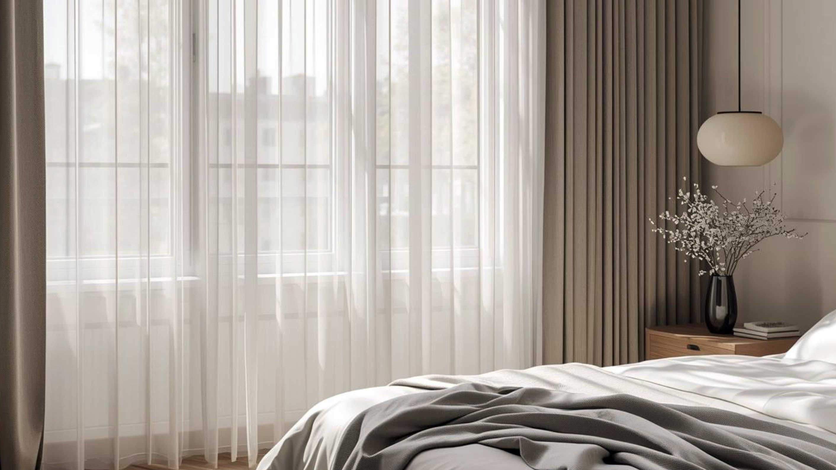 Stylish curtain in a master bedroom, offering adjustable light control and privacy with alternating sheer and solid fabric panels.