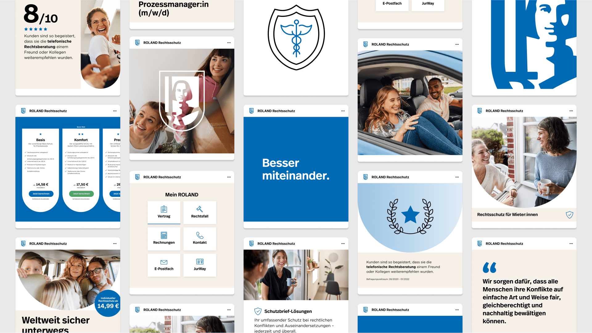Eine Collage aus Bildern und Grafiken zum Thema Gesundheitswesen, darunter medizinische Symbole, Ärzte, Patienten, Diagramme und blaue Branding-Elemente, die in einem Rasterlayout angeordnet sind.