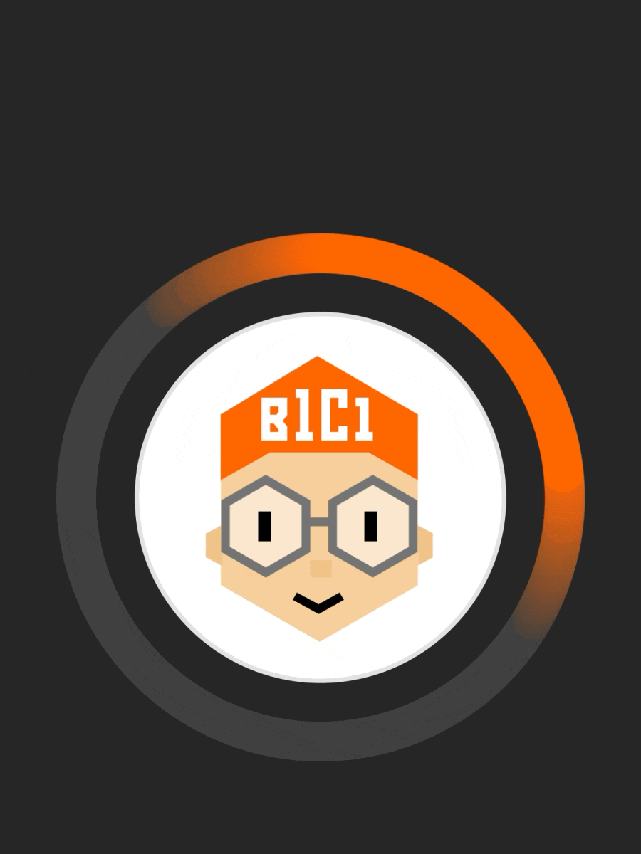 Animierte Grafik eines Cartoon-Gesichts mit Brille und rotem Hut mit der Aufschrift "B1C1" innerhalb eines kreisförmigen Fortschrittsbalkens mit einem orangefarbenen Segment, das sich im Uhrzeigersinn bewegt.