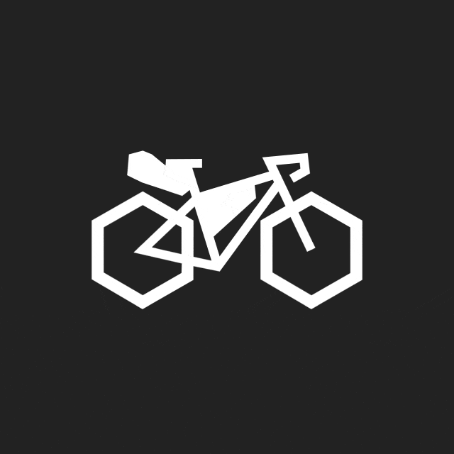 Animierte Fahrrad-Piktogramme der drei Hauptdisziplinien MTB, Rennrad und Gravel auf dunklem Hintergrund – abstrahierte Form mit Sechseckrädern, inspiriert von der Bildmarke.