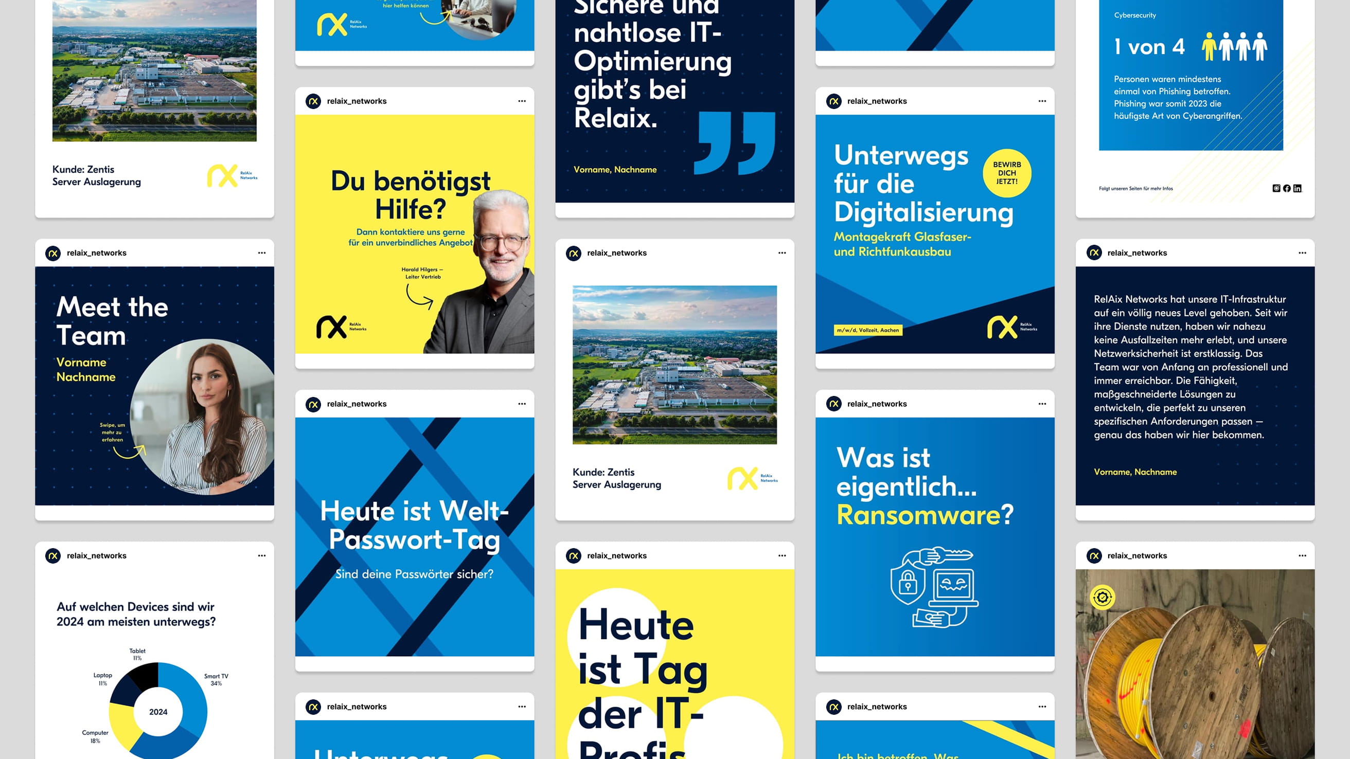 A collection of social media post graphics for Relaix Networks, featuring various informational, promotional, and corporate content in blue, yellow, and white color schemes.