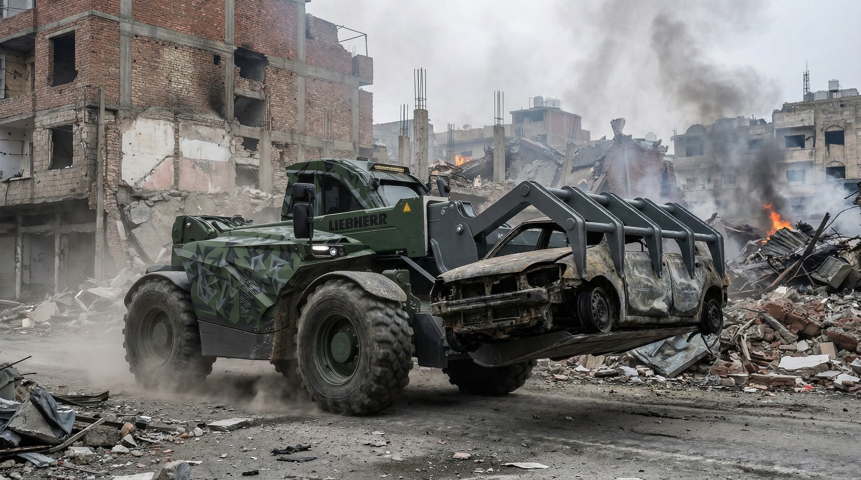 Geschützte Baumaschine beim Wiederaufbau der Ukraine