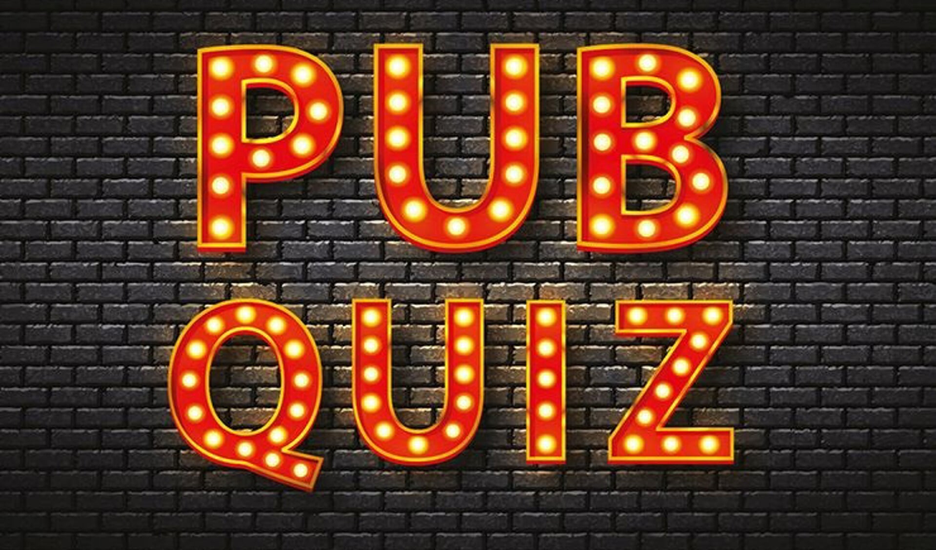 Pubquiz-letters in gloeilampjes tegen een bakstenen muur