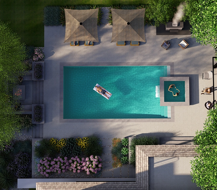 Birds-eye view of a landscape design project by Ivy Street Design featuring a Soake Pool.