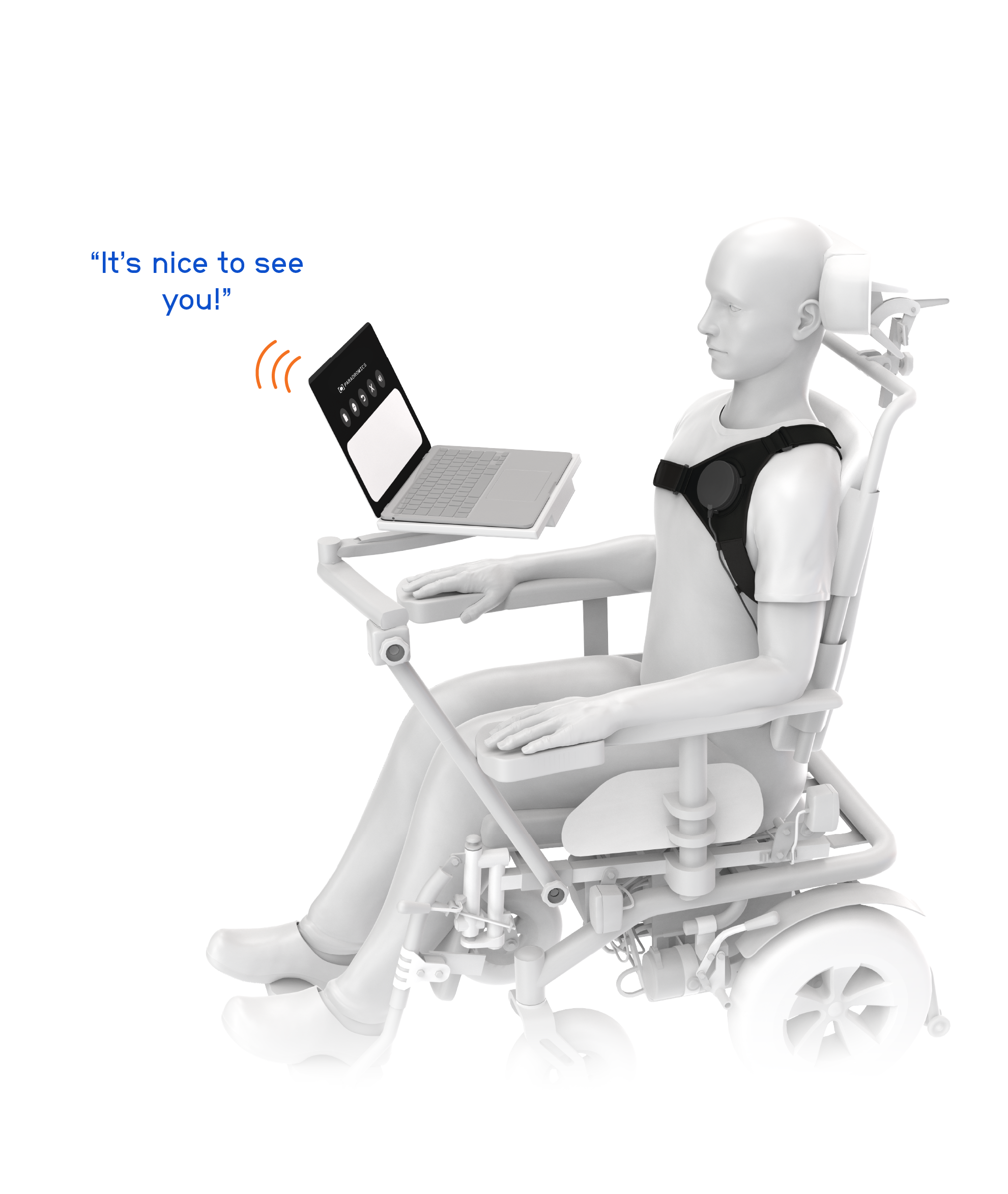 Render of a patient in a wheelchair utilizing the Connexus Brain-Computer Interface System