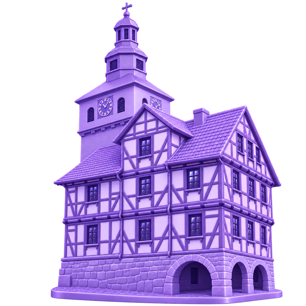 Stilisierte lilafarbene 3D Illustration: Wehrkirchturm in Helsa