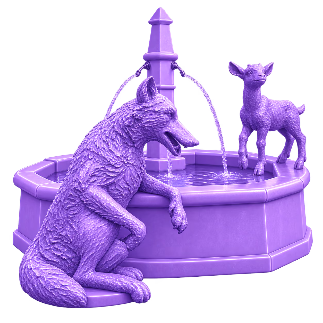 Violette 3D Illustration: Märchenbrunnen mit Wolf und Geißlein in Wolfhagen
