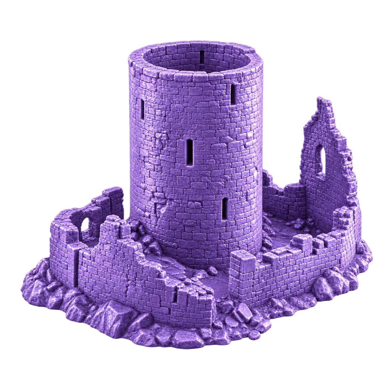 Violette 3D Illustration: Burgruine Desenberg mit rundem Bergfried in Warburg