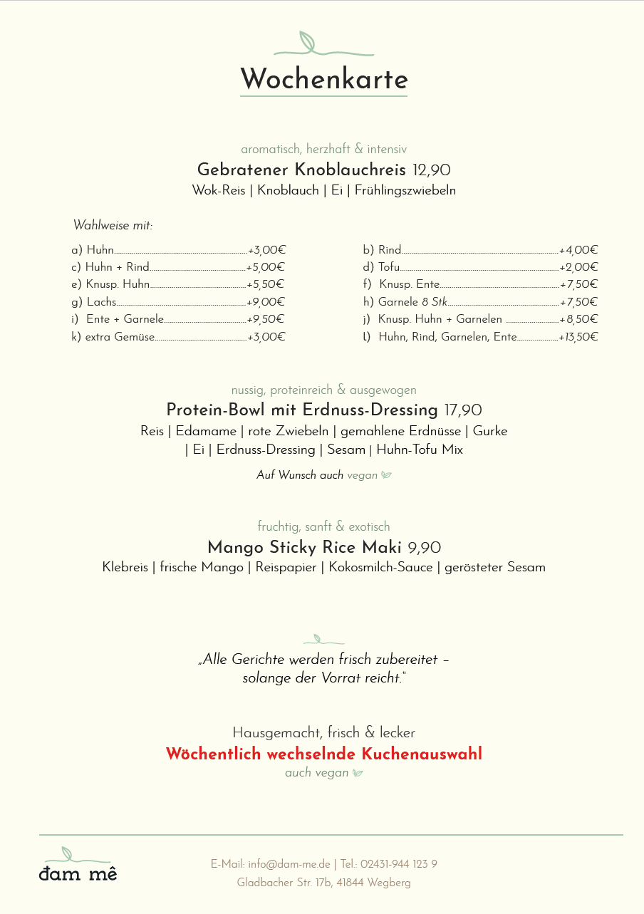 Dam Me - Wegberg - Wechselnde Wochenkarte unteranderem auch jetzt auch mit veganem Kuchen