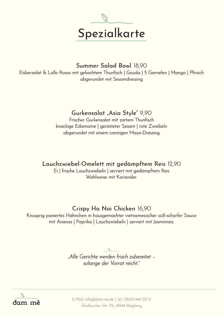 Dam Me - Wegberg - Wechselnde Wochenkarte unteranderem auch jetzt auch mit veganem Kuchen