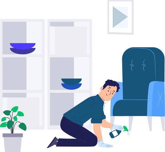 Illustration of a cleaner spraying and wiping a living room floor