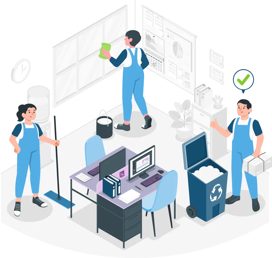 Illustration of a cleaning team mopping, dusting and emptying bins in an office