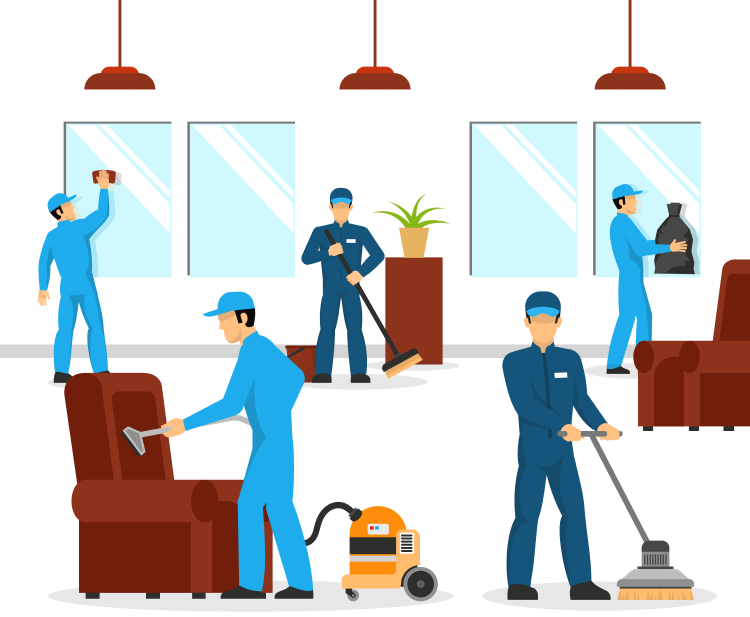 Cleaners cleaning a bright San Diego office