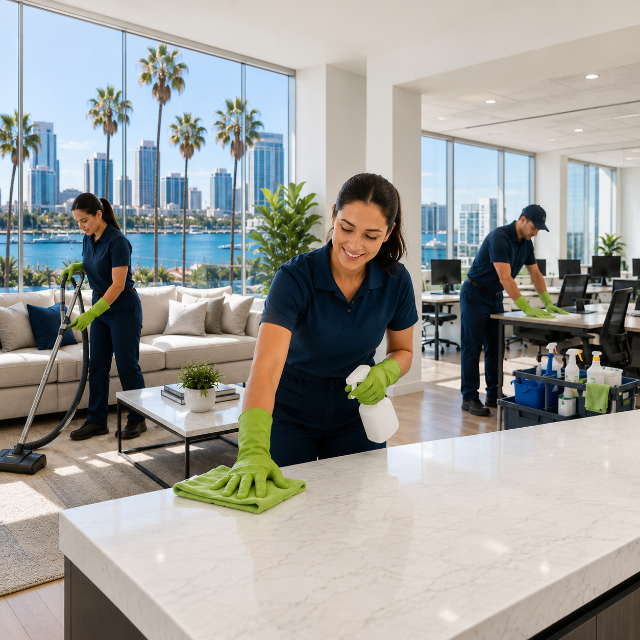 Office and commercial cleaning team at work