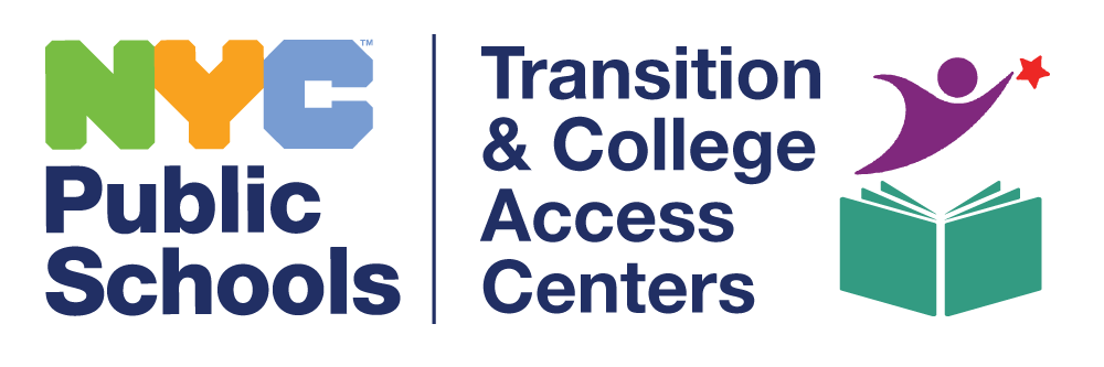 Logo for NYC Public Schools Transition & College Access Centers featuring stylized NYC letters and an abstract figure reaching for a red star above an open book.