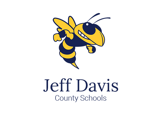 Yellow and navy blue hornet mascot above the text 'Jeff Davis County Schools' in navy blue.