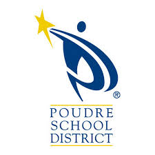 Poudre School District logo showing a stylized blue figure reaching for a yellow star above, with the district name below.