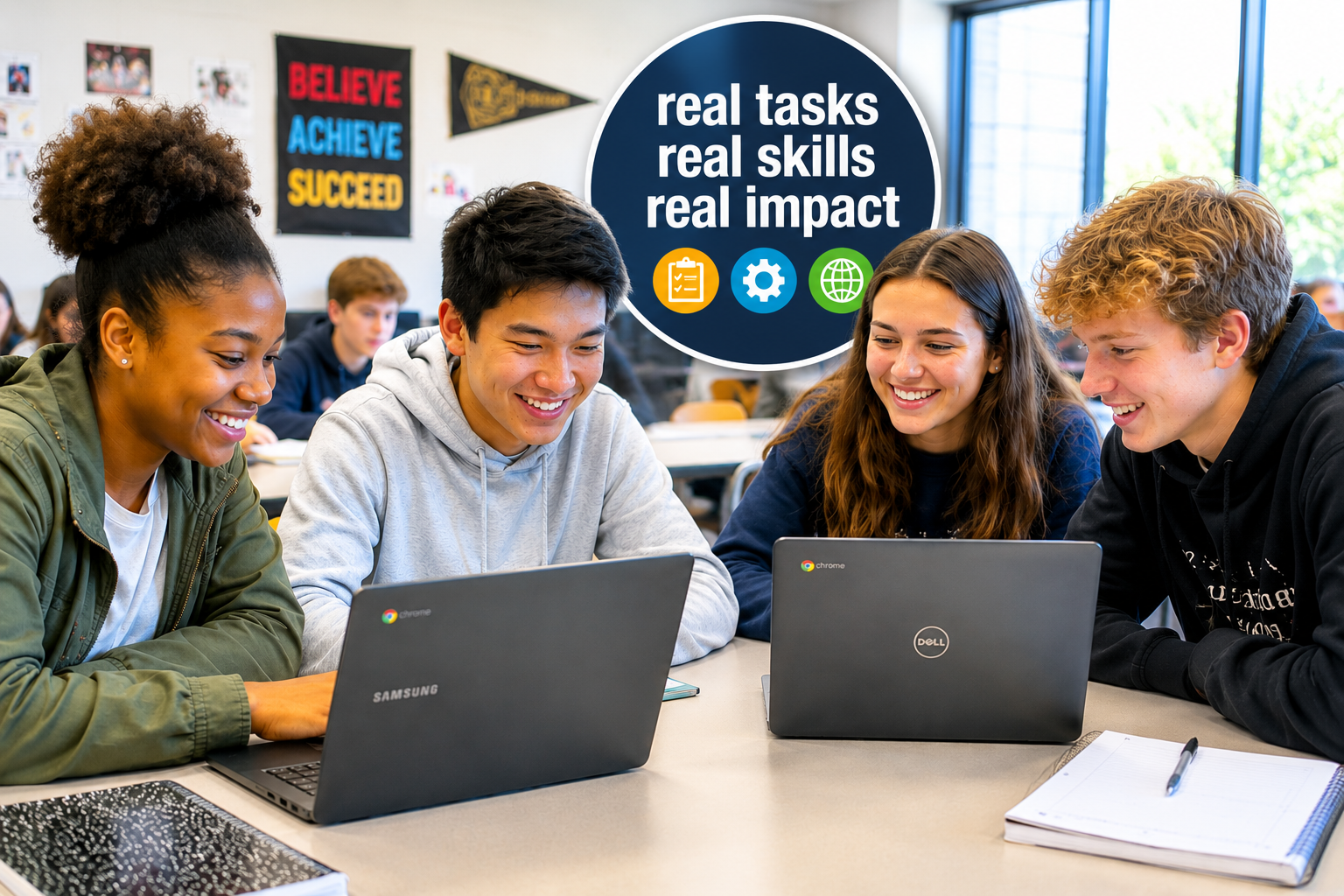 Four diverse students smiling and working on laptops together at a classroom table.