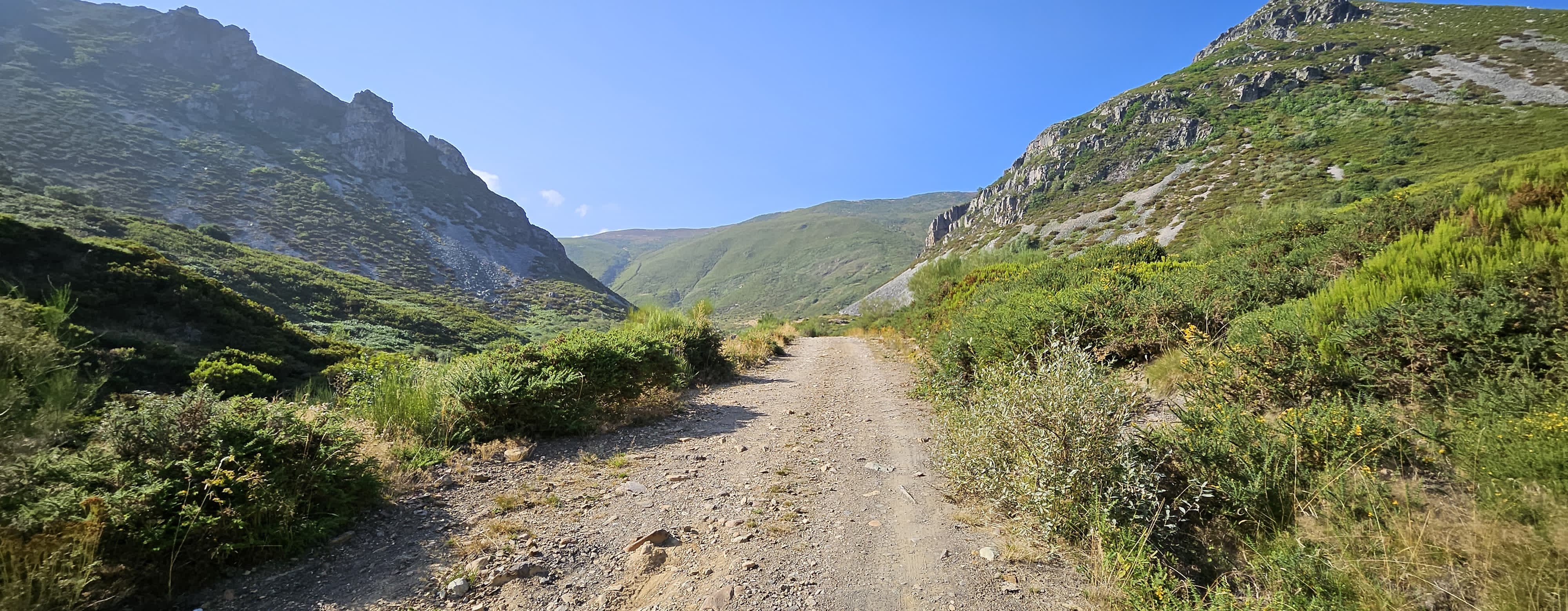 Piste de terre serpentant dans une vallée de montagne verdoyante
