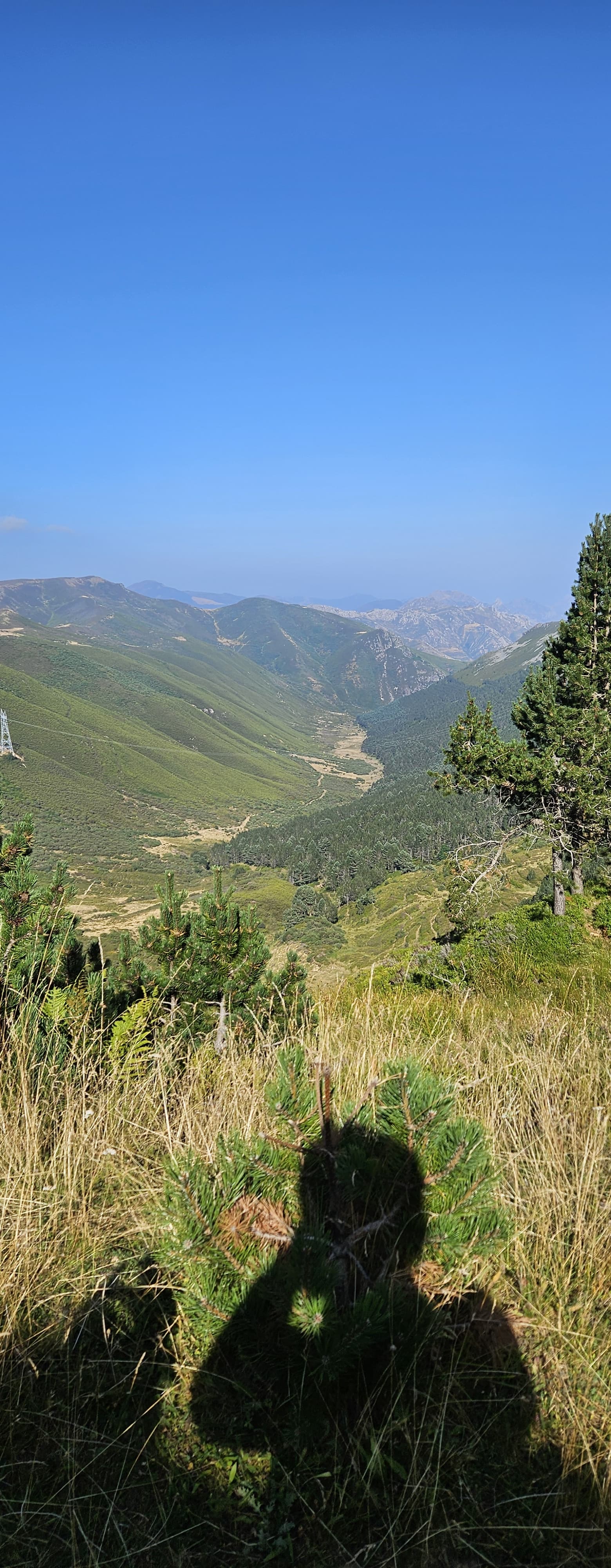 Ombre d’un motard sur l’herbe face à une vallée de montagne