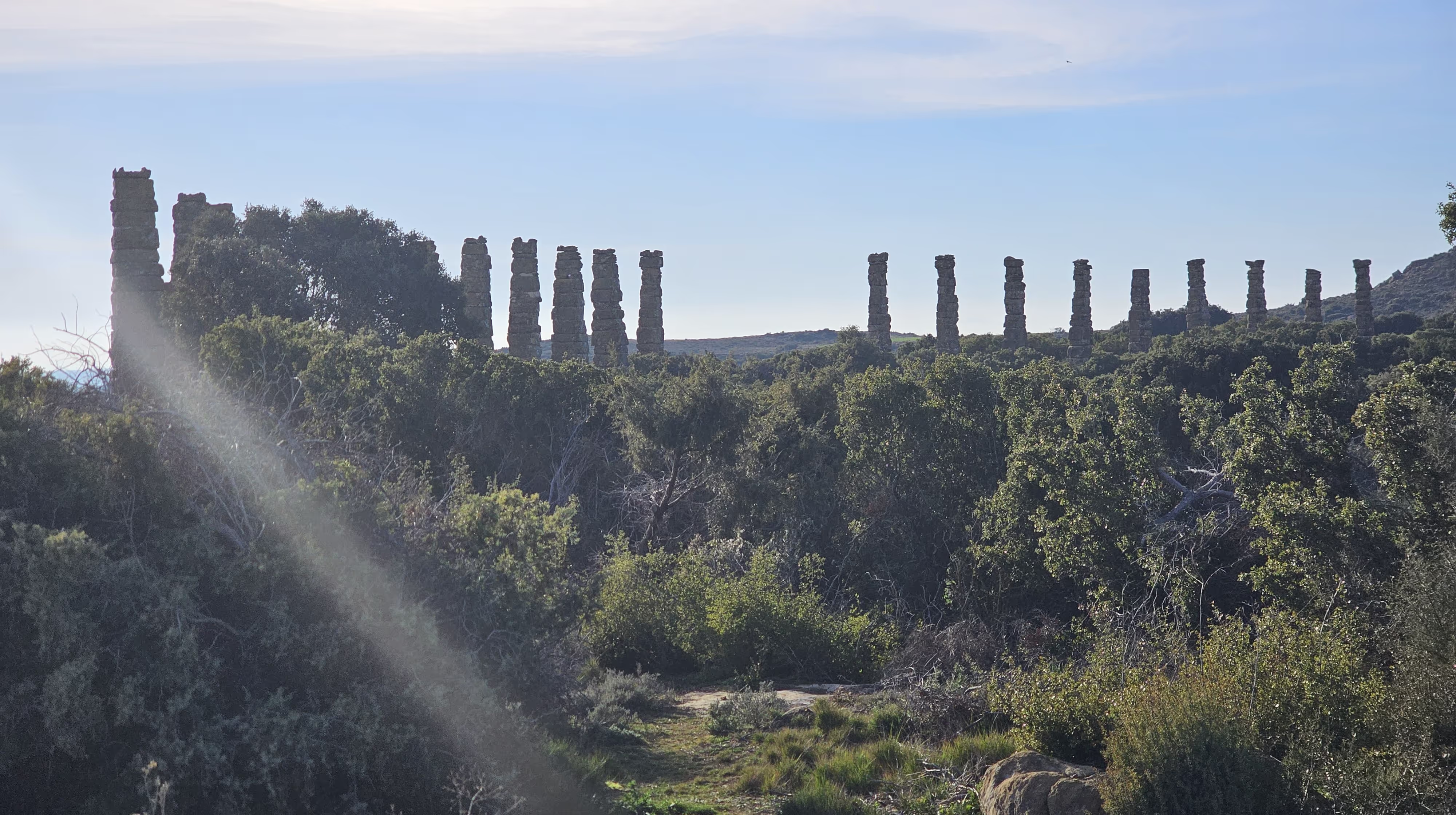Ruines d’une muraille aux piliers de pierre au milieu de la végétation