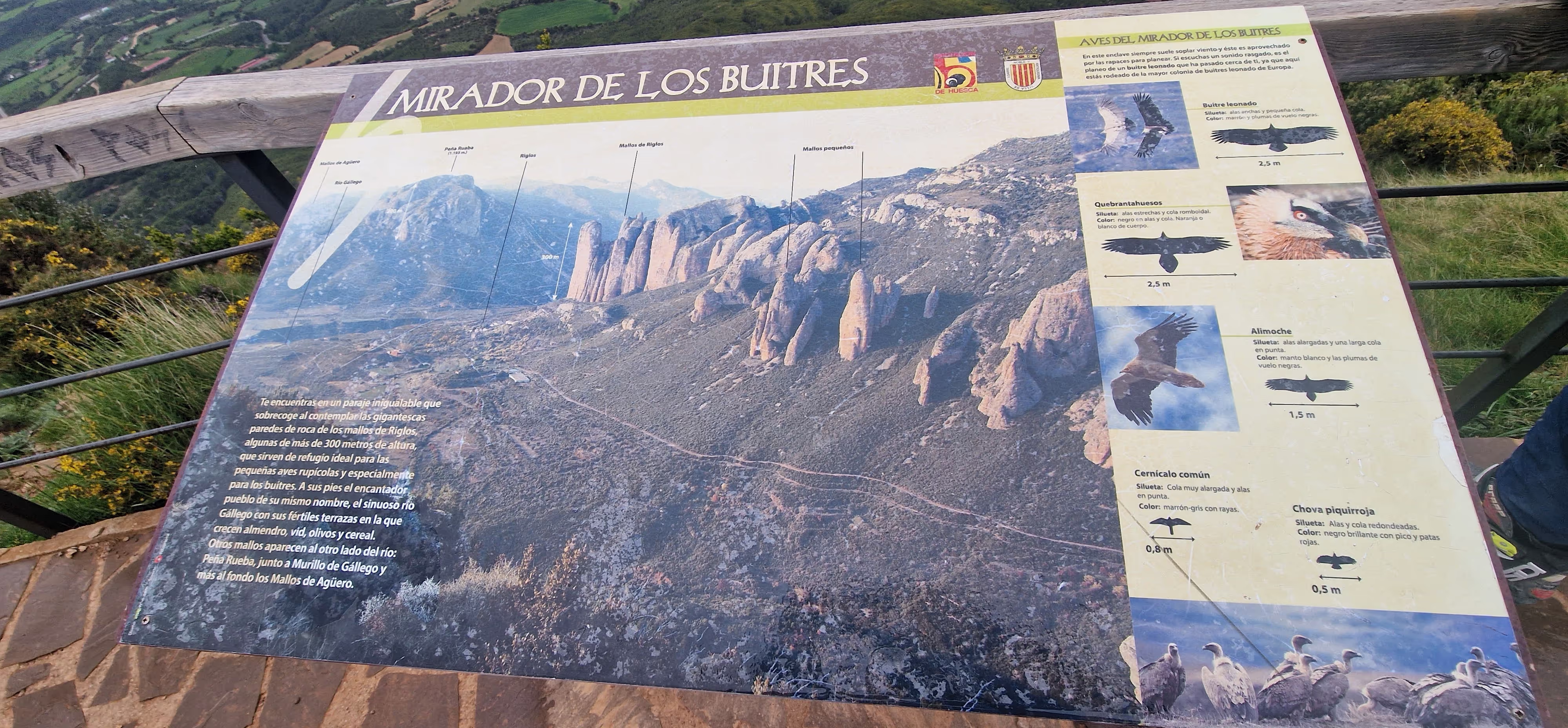 Panneau du Mirador de los Buitres présentant les Mallos de Riglos