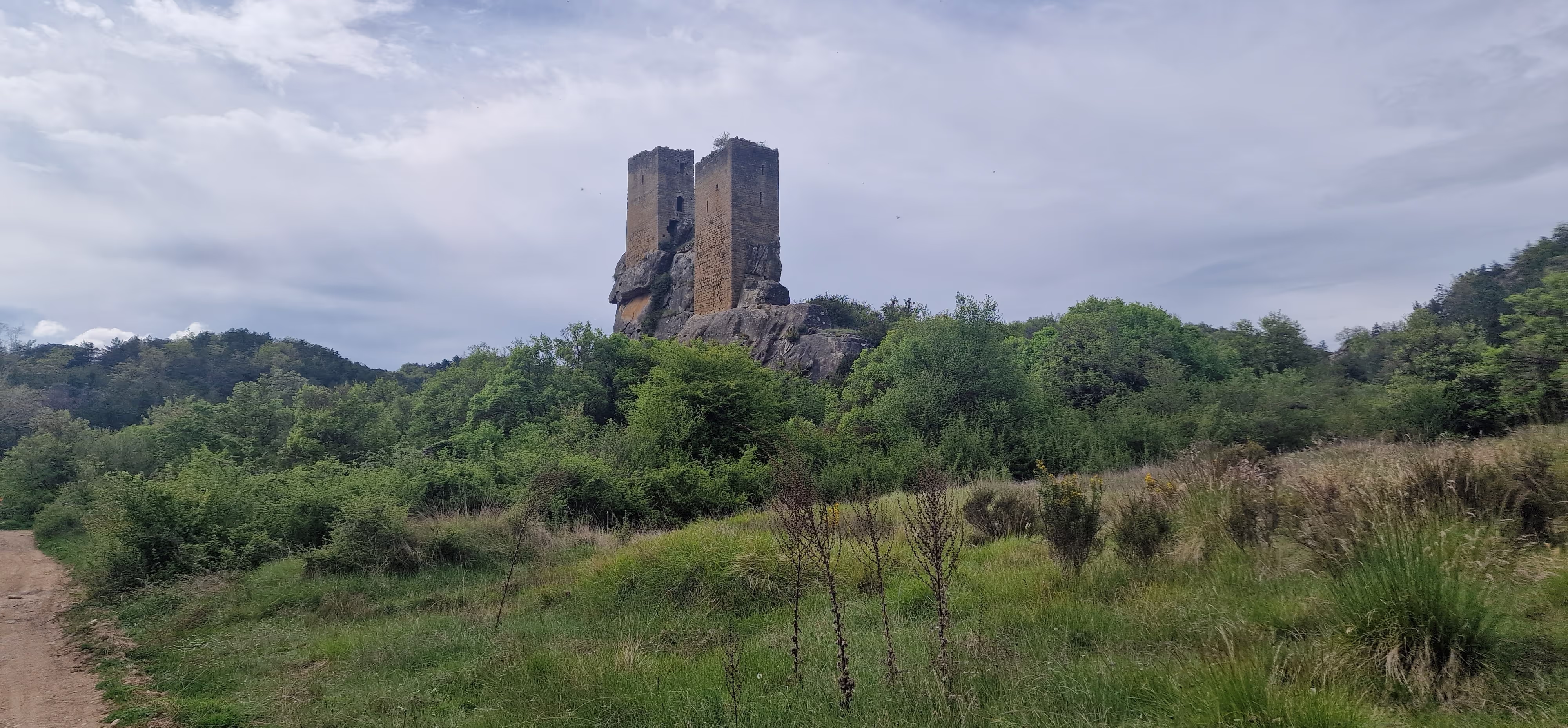 Tour de château en ruine dominant une colline verdoyante