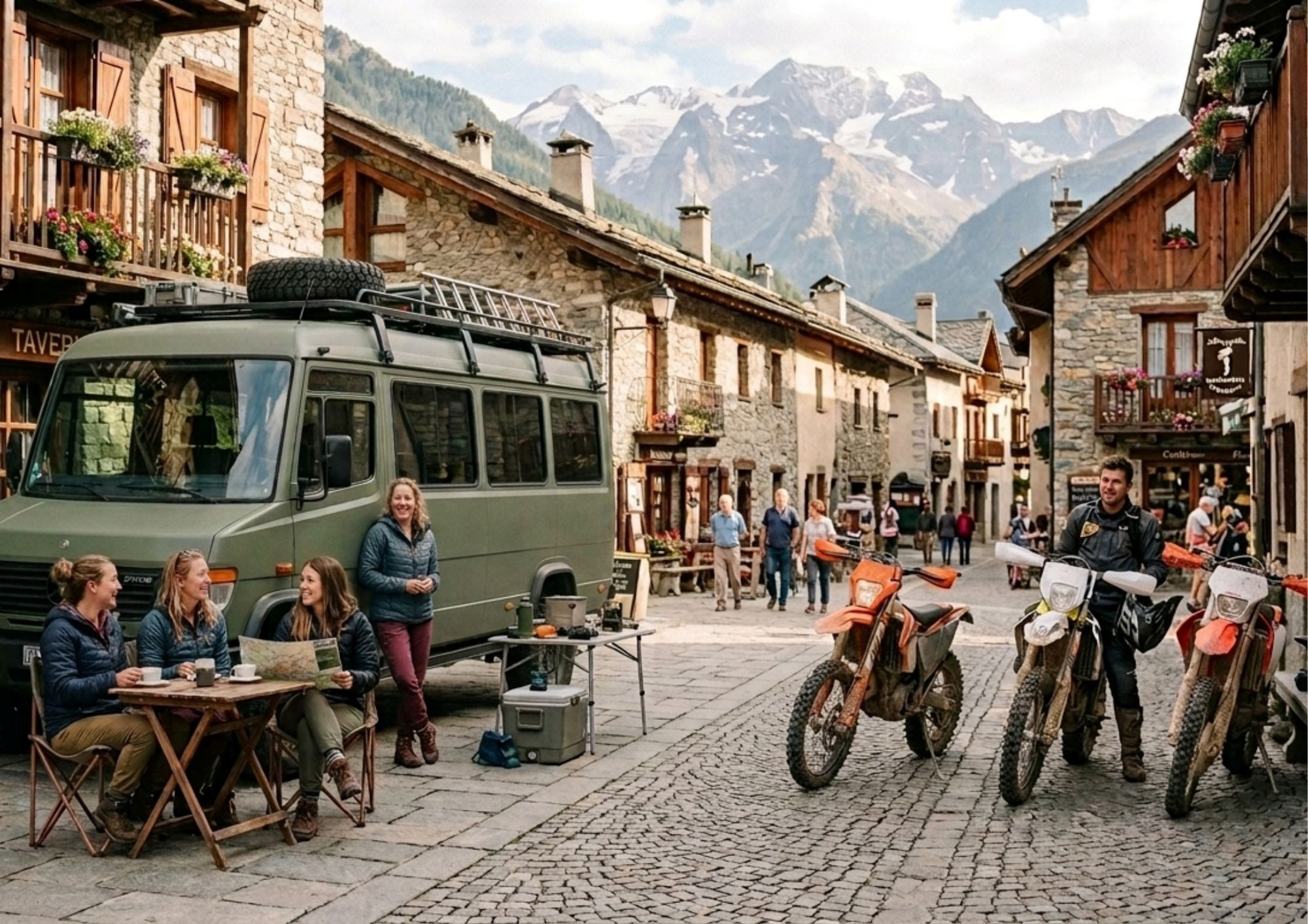 Illustration d’un village de montagne avec van, famille et motos d’enduro