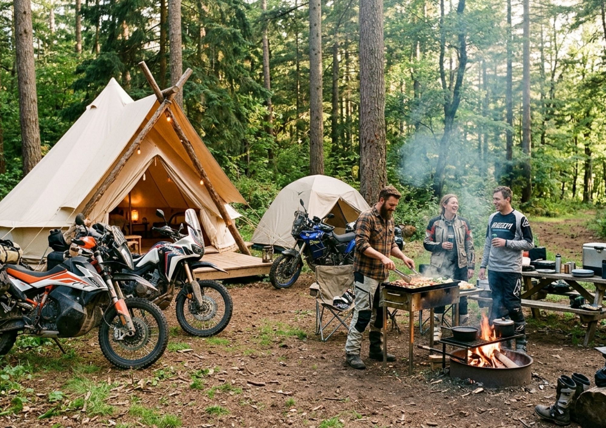 Bivouac en forêt avec tentes, motos trail et feu de camp