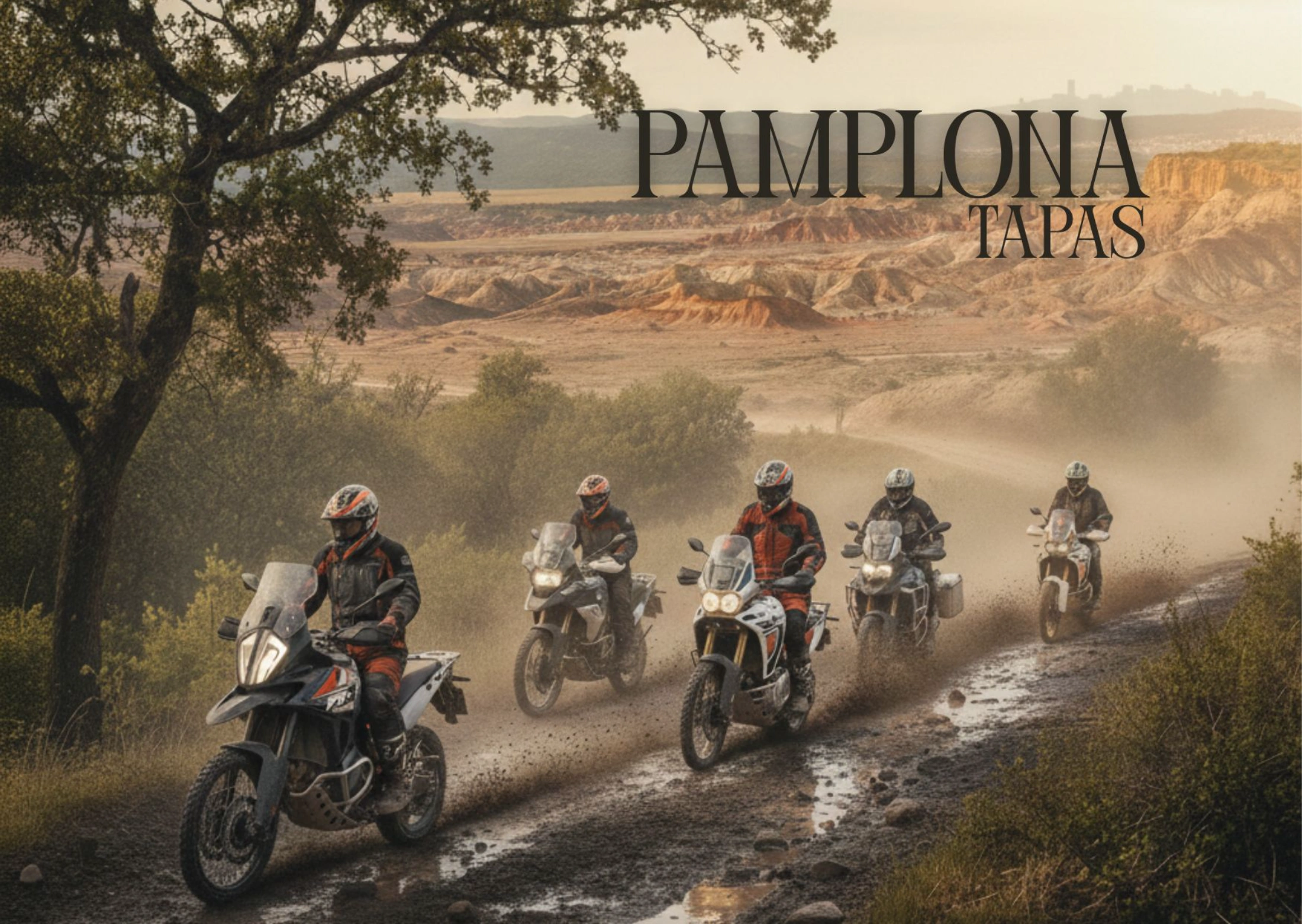 Affiche Pamplona Tapas avec un groupe de motards trail sur une piste