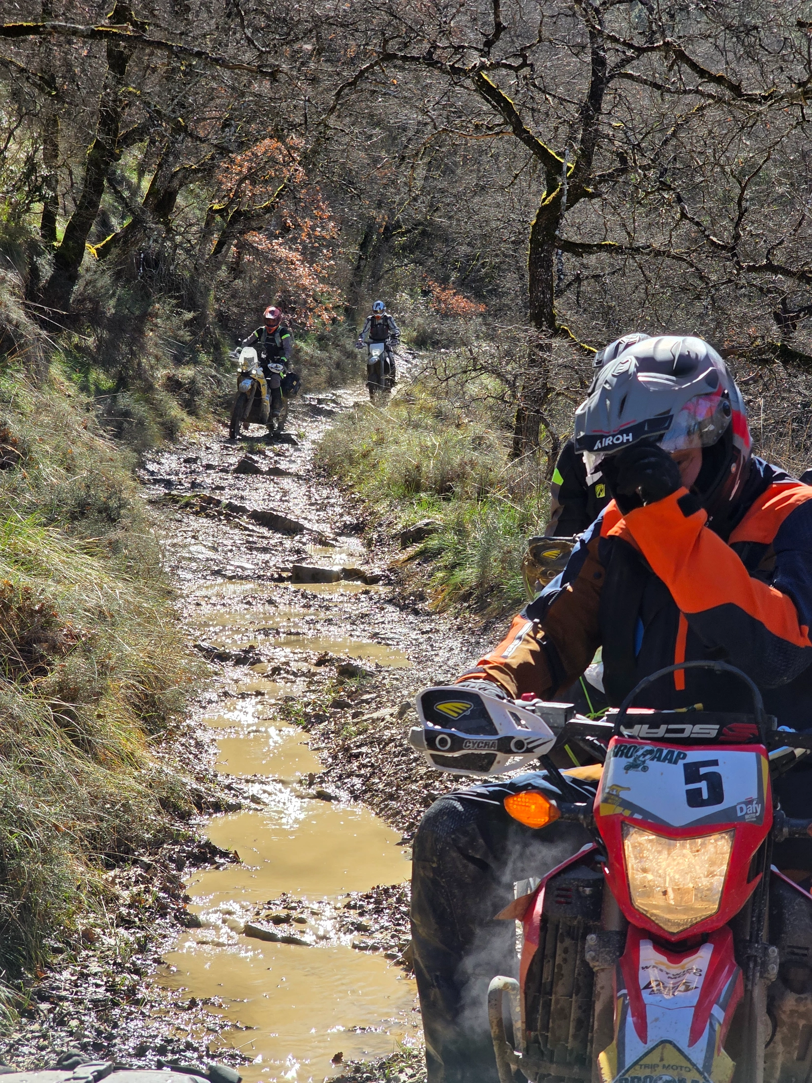 Motard d’enduro sur un chemin creux boueux en sous-bois