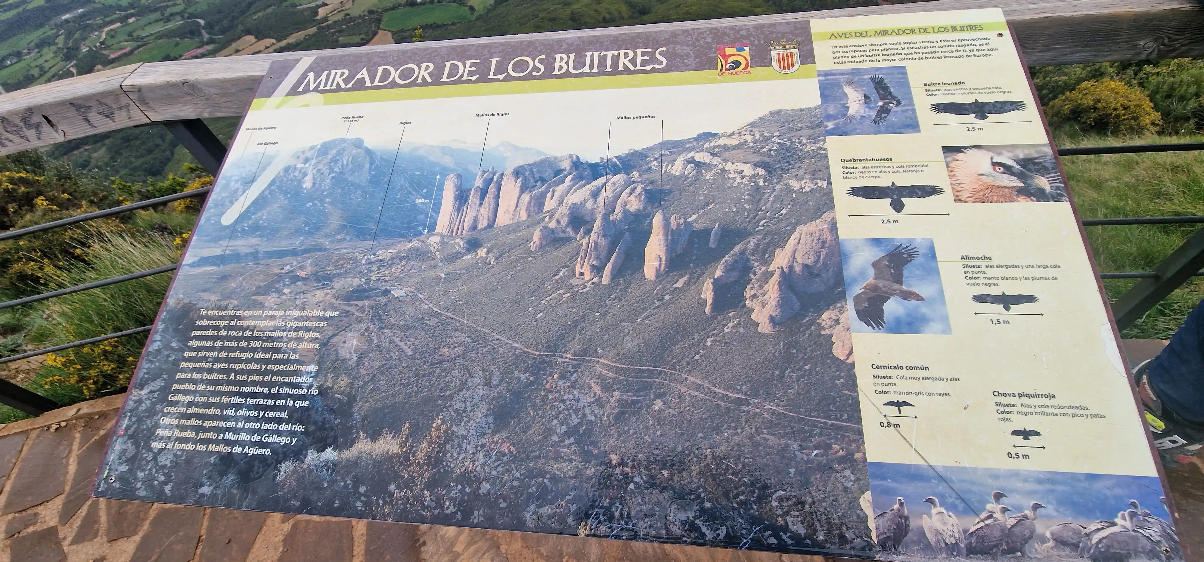 Panneau du Mirador de los Buitres présentant les Mallos de Riglos
