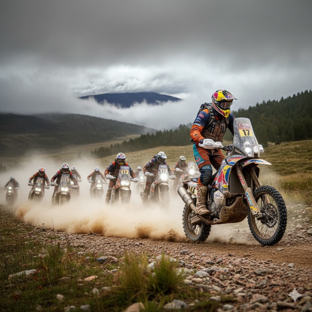 Illustration d’un groupe de pilotes d’enduro sur une piste poussiéreuse