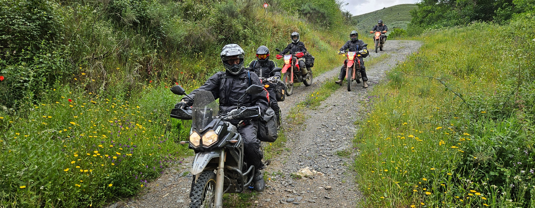 Groupe de motards trail sur un chemin herbeux