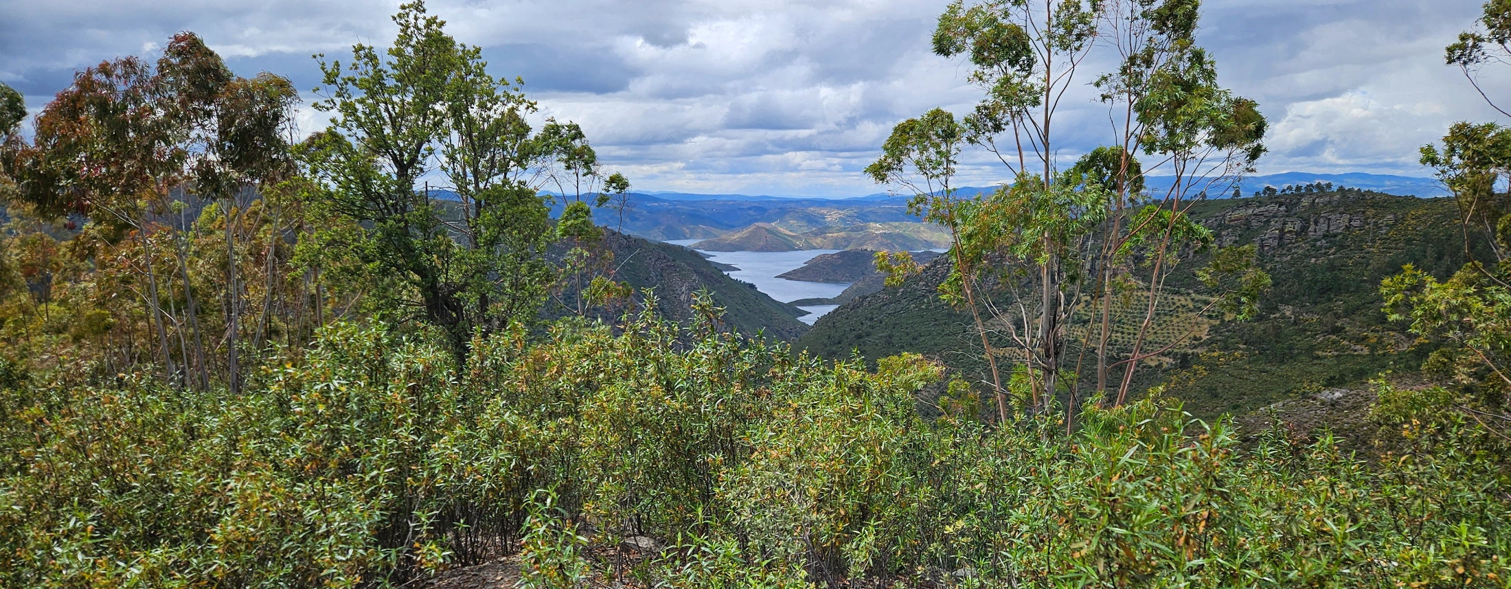 Vue sur un lac de retenue entre des collines boisées