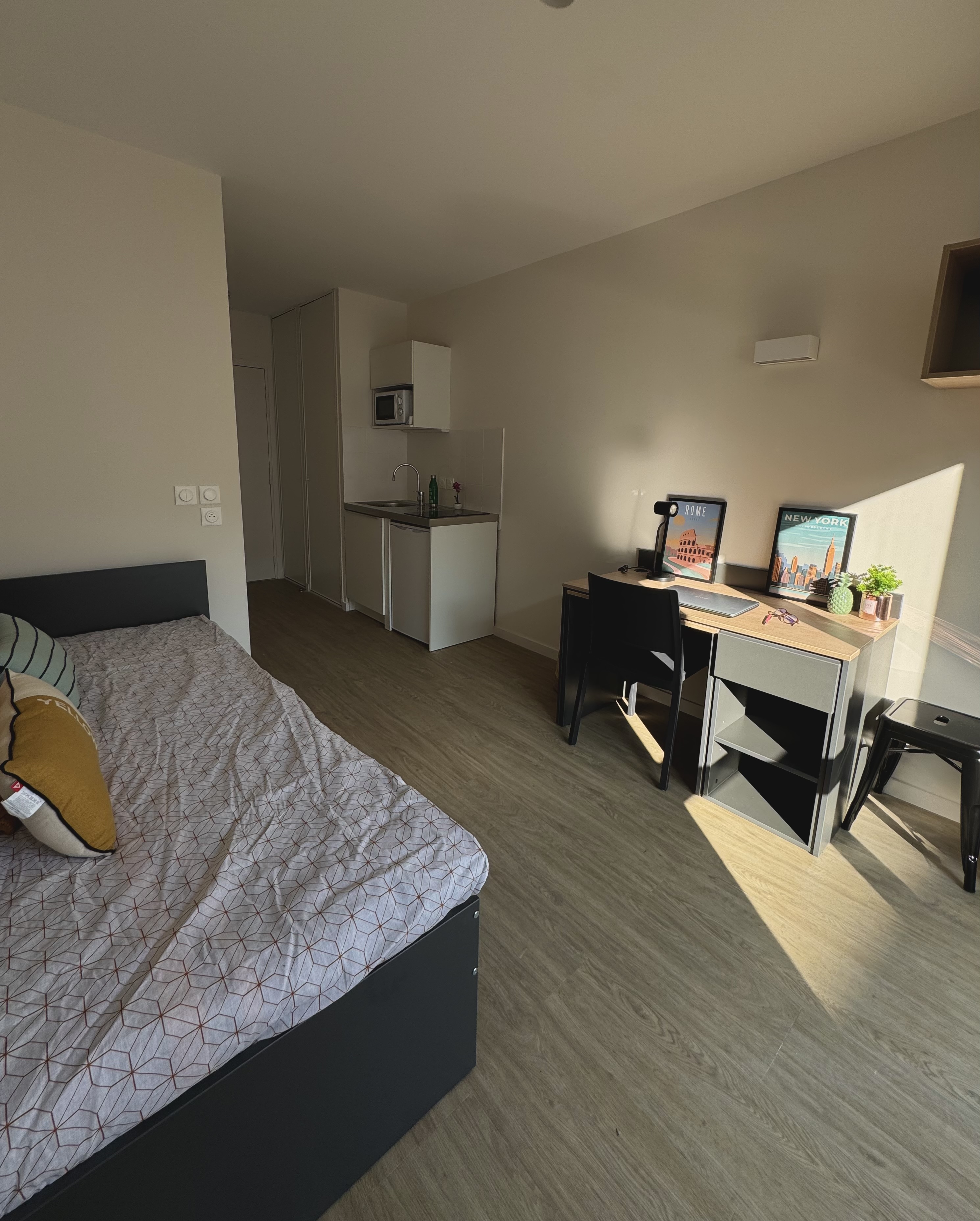 studio lumière naturelle, espace bureau et lit