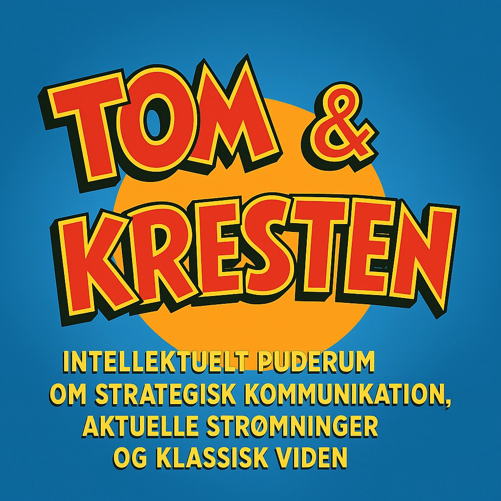 Tom & Kresten logo with colorful retro typography and text about strategic communication, current trends, and classical knowledge.