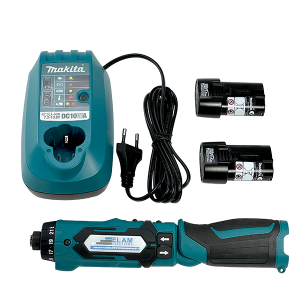 Übersicht der Smart Cordless Screwdriver SMACO 5 Lieferumfang: C-Schrauber, 2 Akkus und Ladegerät