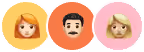 Three round icons with cartoon faces: woman, man, and woman with cat ears headband.