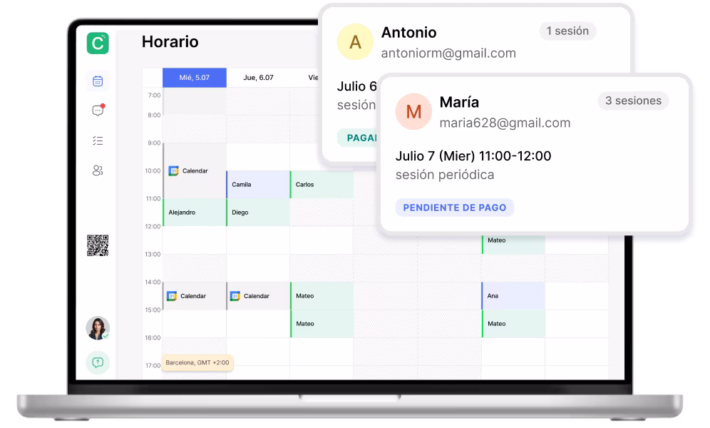 Panel de agenda de Clearly con el calendario de sesiones de una psicóloga y dos solicitudes de reserva