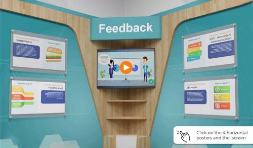 Colorful interactive graphic elements showcasing Feedback techniques and an animation video on a screen showing how to give effective feedback